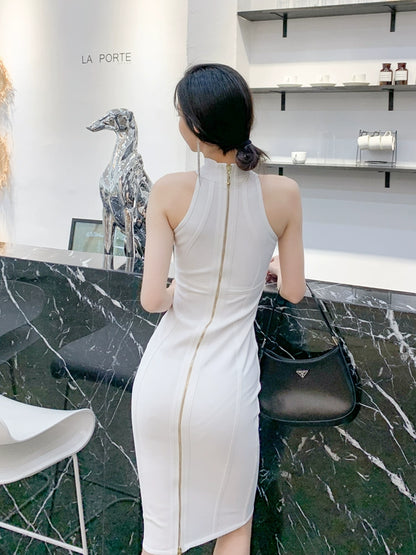 DOLLY Elegant Sleeveless Stand Collar Body Hug Midi Sexy Date Dress-NAT