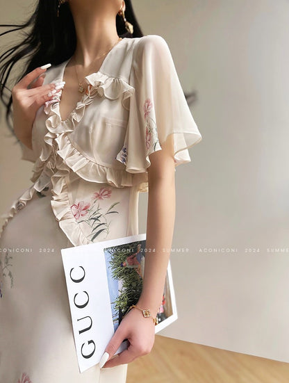 Aconiconi Luxury French Floral Print Slim Fit Hip Hug Dinner Dress- Primrose Whisper