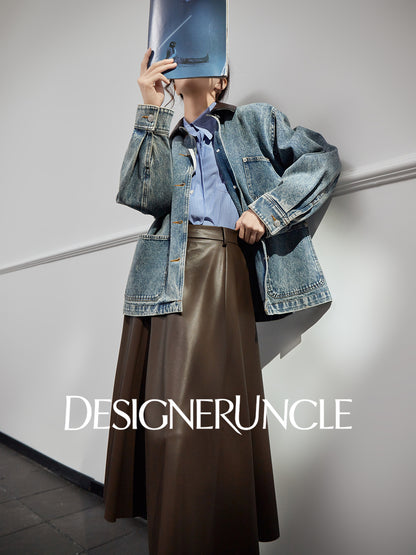 DGU "Qingyan" denim blue short jacket retro loose and versatile slimming top - Robert.
