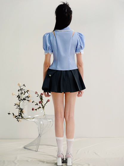 CHECOCRE Chic Three-dimensional Flower Puff Sleeve Cutout Sexy Blue Top - ATRACT