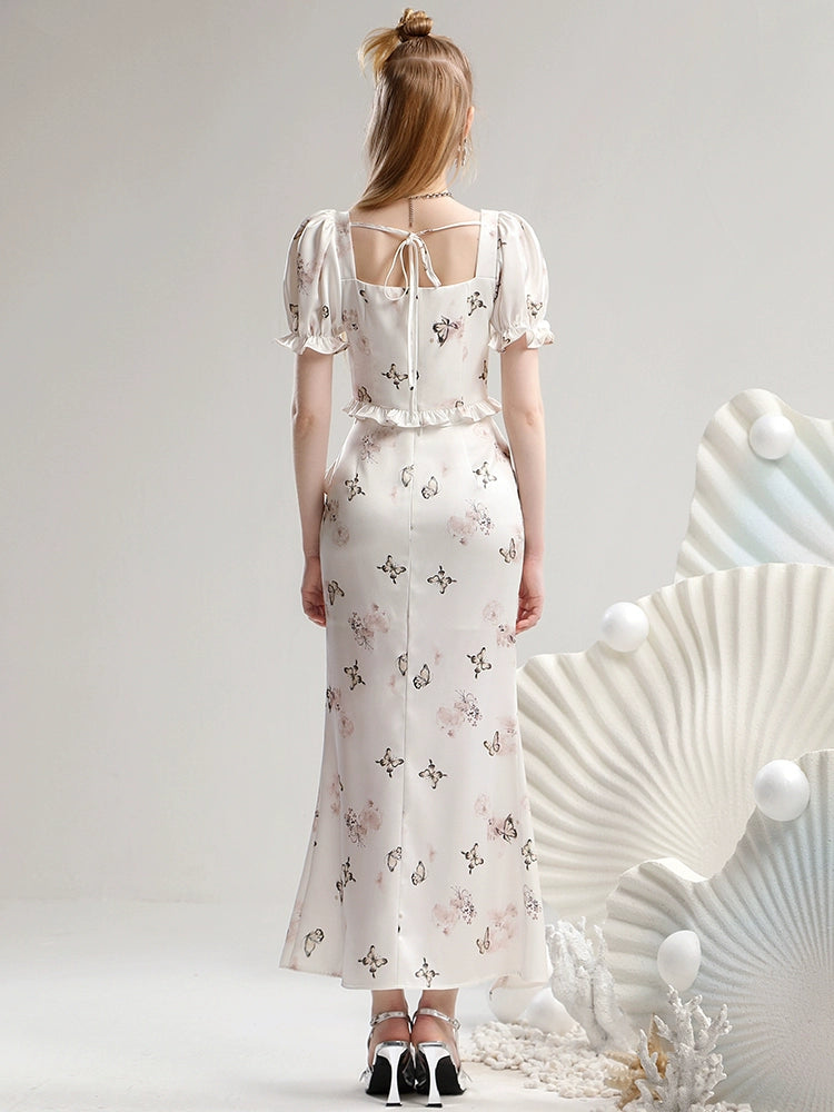 CHECOCRE Three-dimensional Flower White Printed Short Sleeve Suit Dress - GRAYSON.