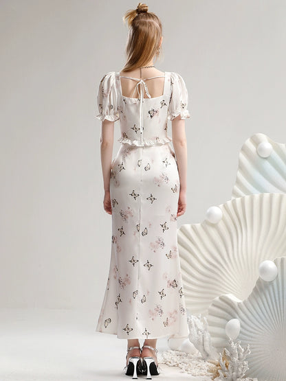 CHECOCRE Three-dimensional Flower White Printed Short Sleeve Suit Dress - GRAYSON.