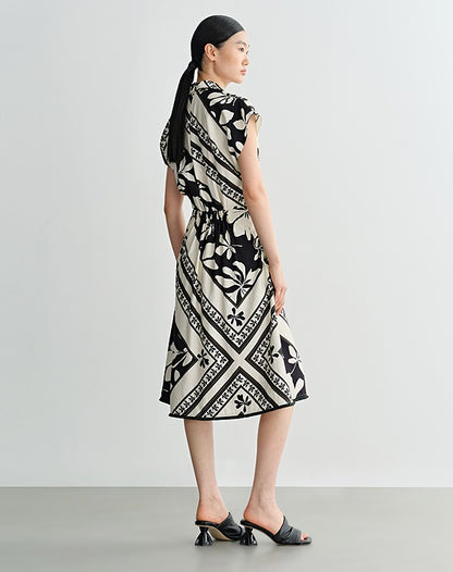 COMME MOI Lv Yan designer's new summer women's print shirred tassel waist dress - GOLDIE.