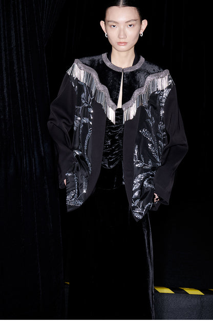 M essential Mackay designer silk-velvet crewneck tassel cape blazer dress set-  Benny.