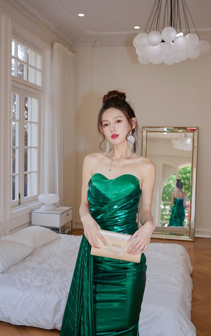 DOLLY High End Green Off Shoulder Chest Wrap Irregular Fish Tail Dress-LEAH