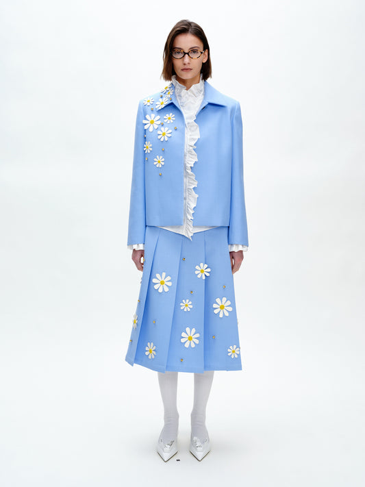 SERRER Little daisy flower hand-studded light blue blazer - KADISHA.