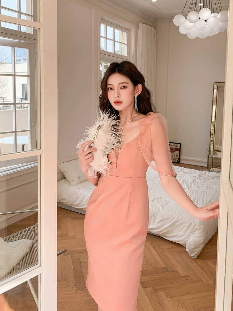 DOLLY Elegant V-Neck Short Mesh Puff Sleeve High Waist Midi Luncheon Dress-CHILE