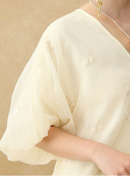 HECO  New Chinese Embroidered V-Neck Puff Sleeve Dress - CORAINE.