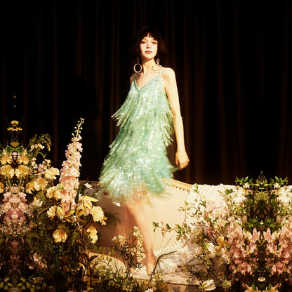 DOLLY Elegant Turquoise Green Sleeveless V-neck Tassel Glitter Cocktail Dress-ALEXA