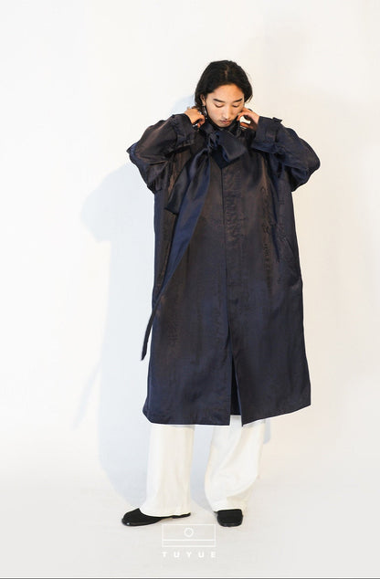 TUYUE Dark Blue Silk Streamer Satin Silhouette Long Trench Coat - BONNIE.