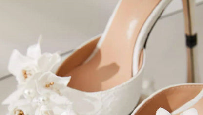 B-FEI white flower wedding ankle strap high heel shoes-MIJI.