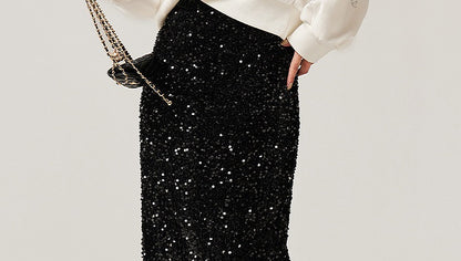 CHICHY temperament velvet sequin black A-line straight skirt -TRACY