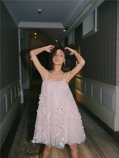 Wardrobes by Chen Luxury Pink Flower Embroidered Loose doll Party Dress-Zola