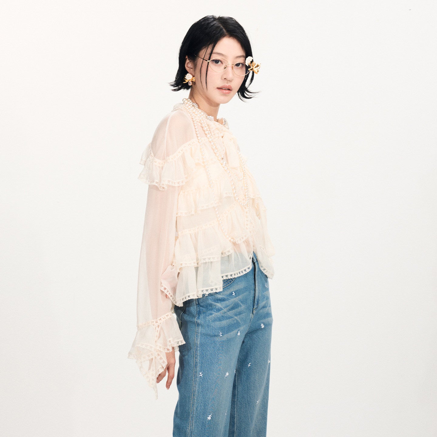 FAME Ruffle Collar Embroidered Trim Layered Mulberry Silk Top - JASON.