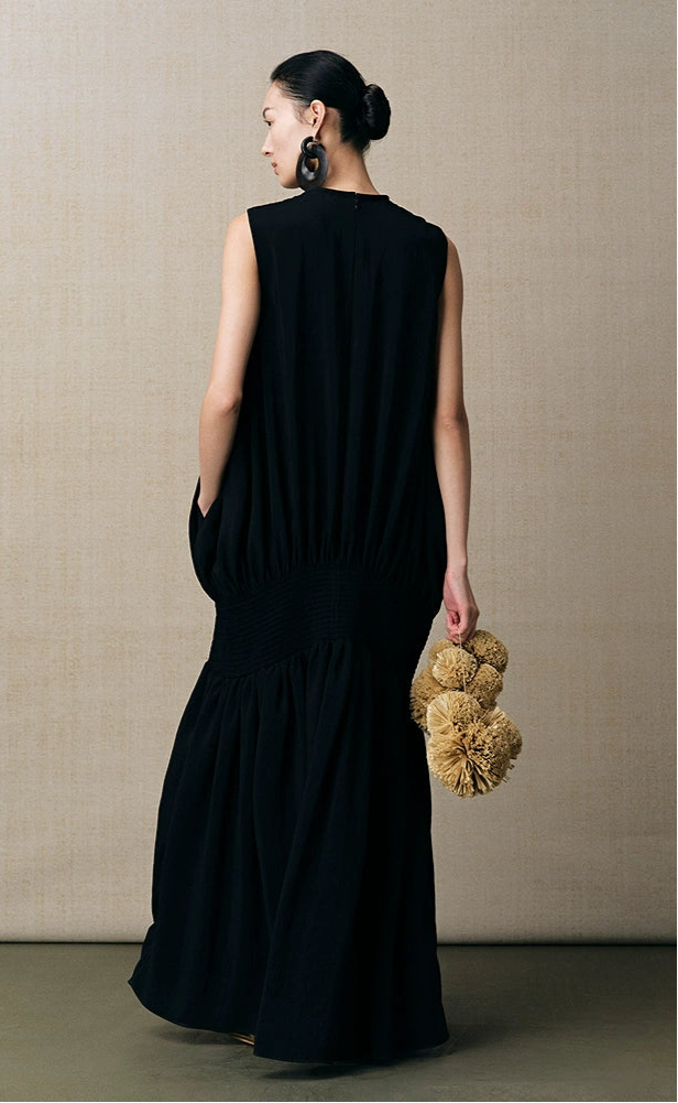 ZHUCHONGYUN new black satin elegant pleated dress--KENZO.