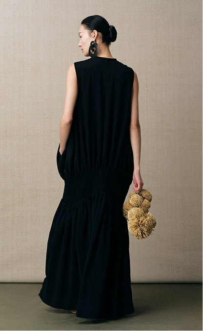 ZHUCHONGYUN new black satin elegant pleated dress--KENZO.