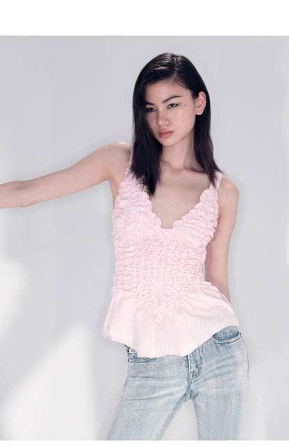 SHOWROOMPLUS Sweet Suspender Temperament V-Neck Pleated Sleeveless Top-RODRI '