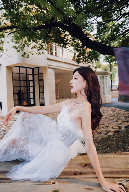 DOLLY Elegant Sleeveless Feather Tube Top Embroidery Long Tutu Dinner Dress-KYLIE