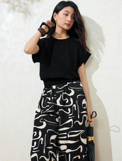 SUSHETencel Loose H-Shaped Wrap Waist Design Sense Short Sleeve T-Shirt Knit Top-RUTH