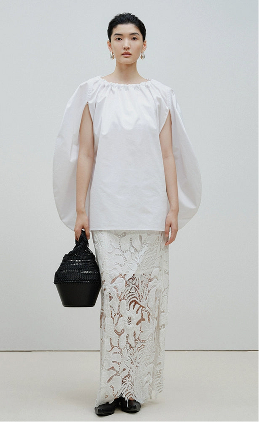 ZHUCHONGYUN white elegant cut-out shirred blouse-MIKASA.