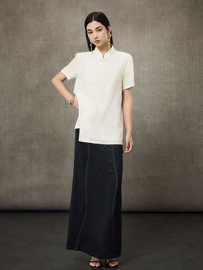 HECO Short Sleeve Mandarin Neckline Loose Summer Top - CENTER.