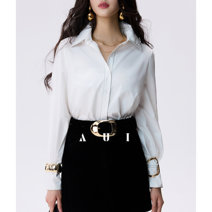 AUI white polo collar long sleeve commuter interview shirt  - GIGI.
