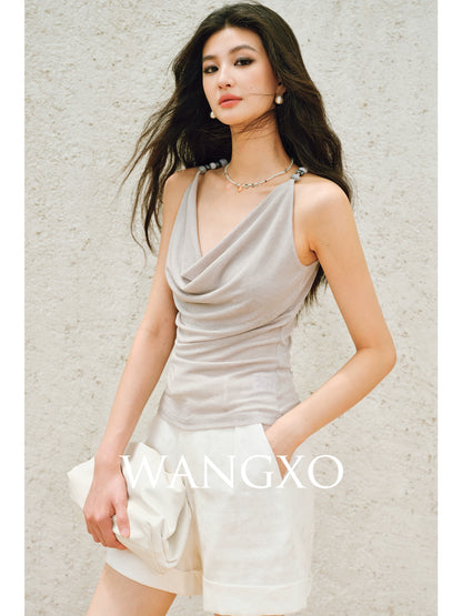 WANGXO | Elegant Swing Neckline Pleated Waist Beaded Camisole Top- SENA