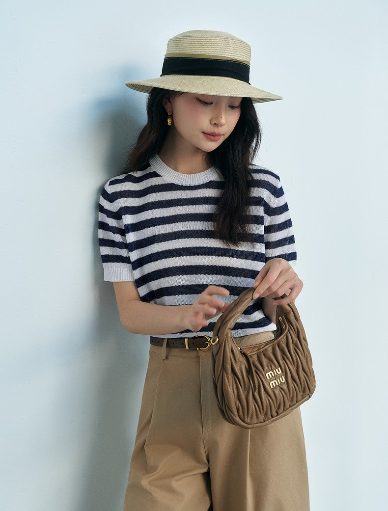 SUSHE light hollow texture striped short-sleeved knit sweater new stretch loose top -BESS