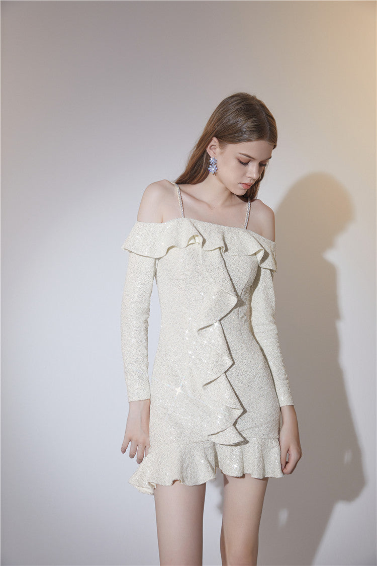 Wardrobes by Chen Elegant Beige Golden Strap Long Sleeve Ruffle Party Dress-TRUDY