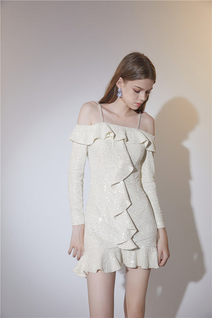 Wardrobes by Chen Elegant Beige Golden Strap Long Sleeve Ruffle Party Dress-TRUDY