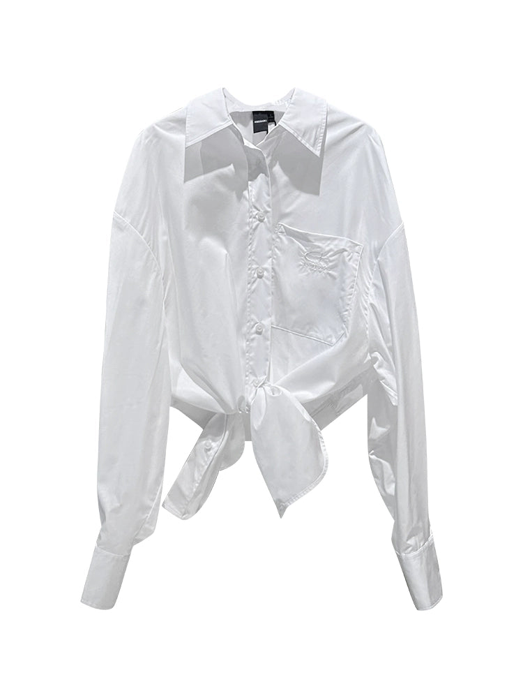 ANNAKIKI White Knotted Casual Shirt Loose Long Sleeve Shirt-PHARELLE