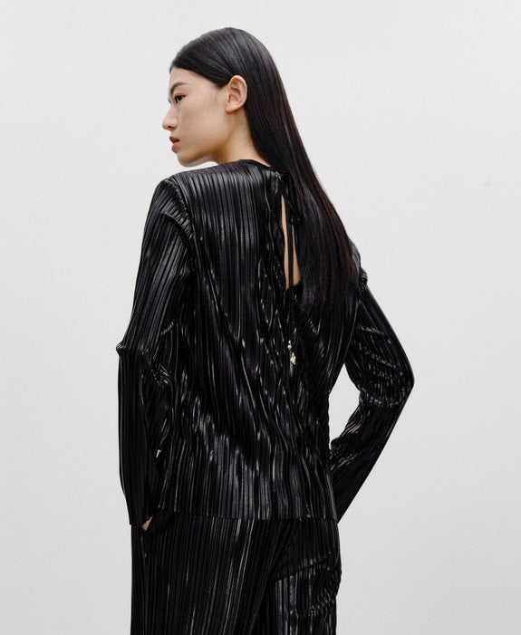 COMME MOI Lv Yan designer women's pin-pleated crewneck top commuter shirt - IVY.