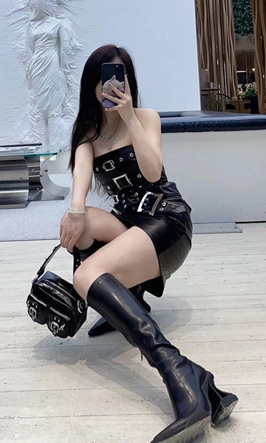 ANNAKIKI Niche designer black leather strappy bandeau dress-YUQI