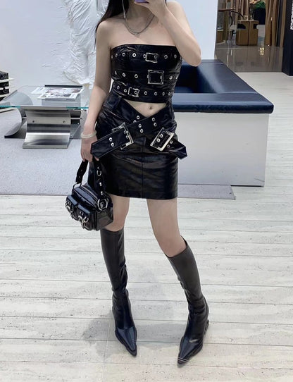 ANNAKIKI Niche designer black leather strappy bandeau dress-YUQI
