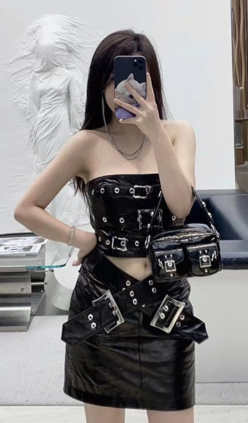 ANNAKIKI Niche designer black leather strappy bandeau dress-YUQI
