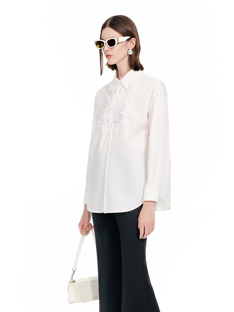 YES BY YESIR |  Stitched Lace Detail White Long-Sleeved Shirt -AMARIELLE.