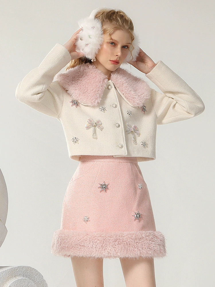 CHECOCRE Chic Romantic Sweet White and Pink Fur Collar Suit - INTENSE