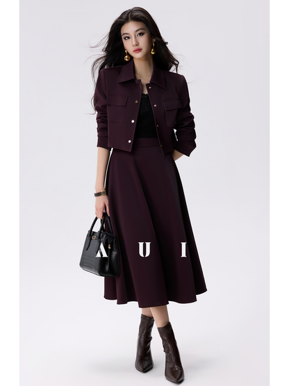 AUI Andorra red faux leather jacket A-line skirt two-piece set - JUN.