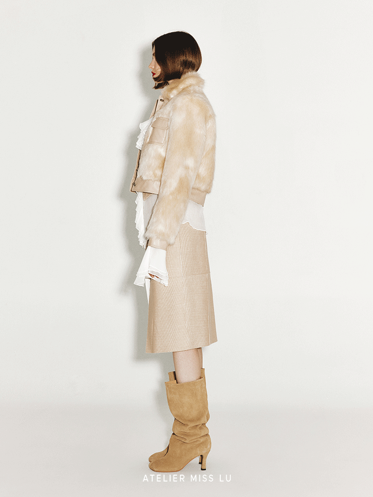 ATELIER MISS LU Vintage Pocket Stitching Faux Fur Short Jacket - BLOOM.