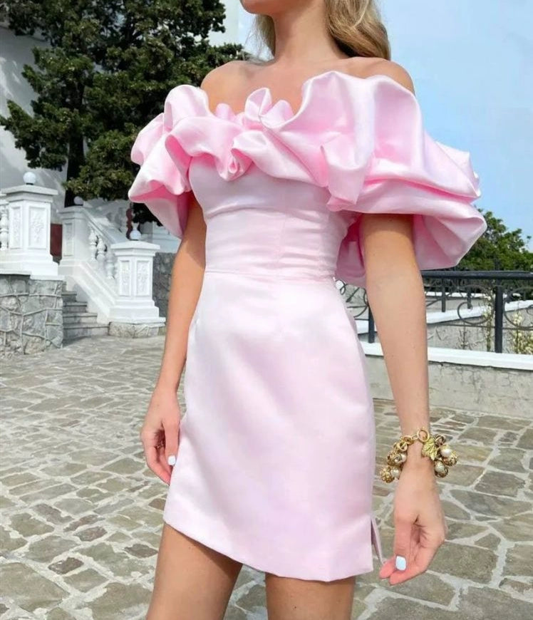 DOLLY Elegant Satin Ruffled Off Shoulder Tube Top Sim Fit Date Dress-AINSELY