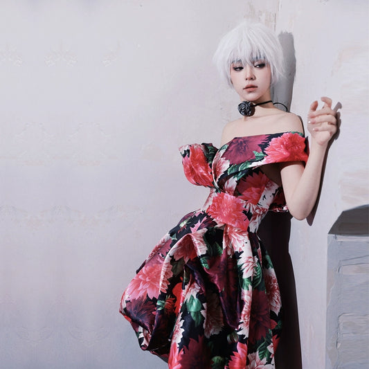 DOLLY Elegant Off Shoulder Flower Print Ruffle Short Sleeve High Waist Dress-CINDY (V)