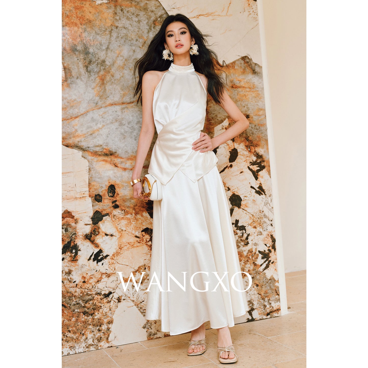 WANGXO | Pearl Lustrous Luxury Gilt Satin  Halterneck Folded Waist Top & High-Waisted Umbrella Skirt Set - ARIA
