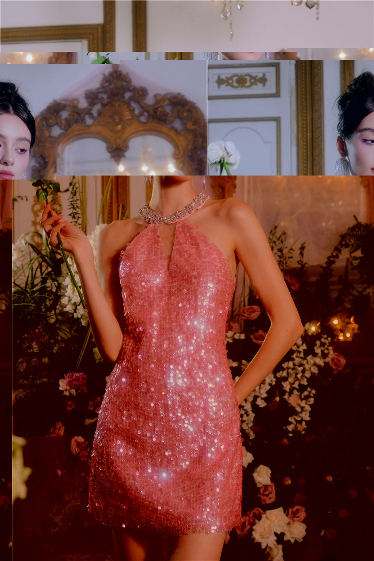 Wardrobes by Chen Luxury Sleeveless halter Sequin Short cocktail Dress- Limmi
