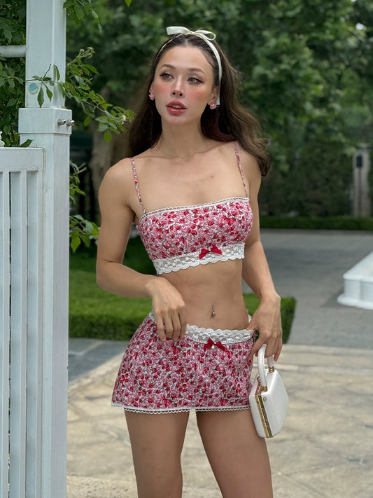 Le Palais Vintage Retro Spice Girl Red Floral Short Low-waisted Skirt-DJO.