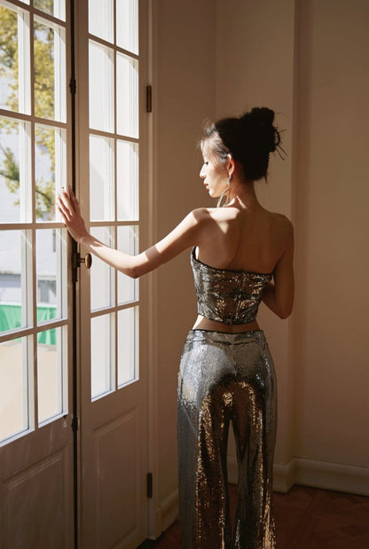 DOLLY Luxury Two Piece Sleeveless Sequin Tube Top + Long Sequin High Waist Flare Pants-THEA