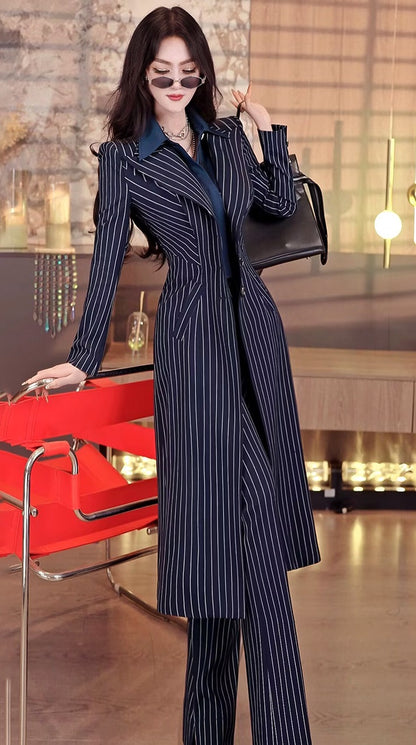 VJE Striped Coat Flared Pants Two-Piece Trench Coat Set-NICH.