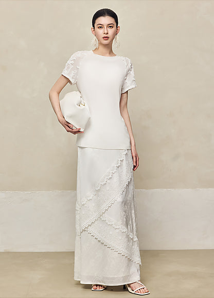 HECO High-grade disc flower stitching short sleeve white lace sleeve top - GLORY.