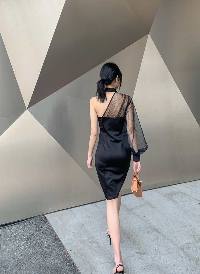 DOLLY Elegant Black One Shoulder Mesh Puff Long Sleeve Slim Fit Dinner Dress-AGNES