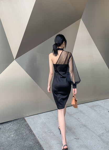 DOLLY Elegant Black One Shoulder Mesh Puff Long Sleeve Slim Fit Dinner Dress-AGNES