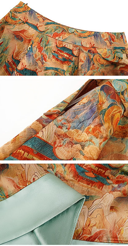 HECO Chinese Contrast Mural Big Swing Fishtail Skirt - MIGRO.